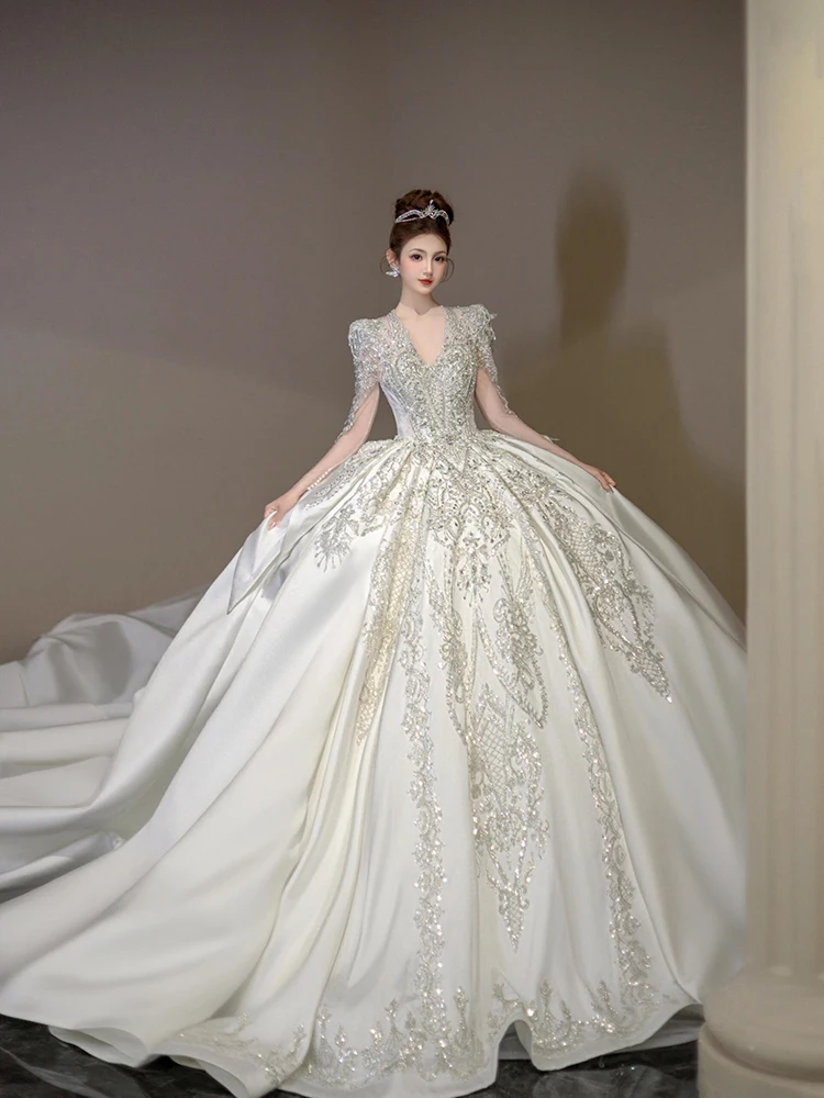 luxury Full sleeve Wedding Dresses classic Satin wedding dress with Royal Train Shiny Wedding Dress customized