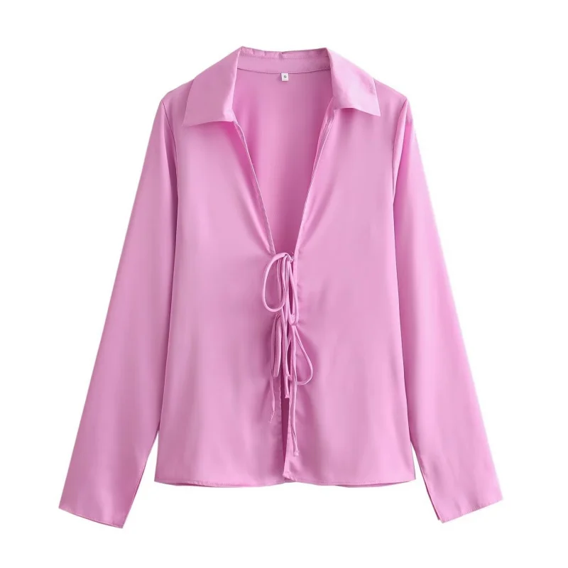 

2025 Hot-Selling Spring New Women's Loose Bow Decorated Silk Satin Textured Shirt 2183331