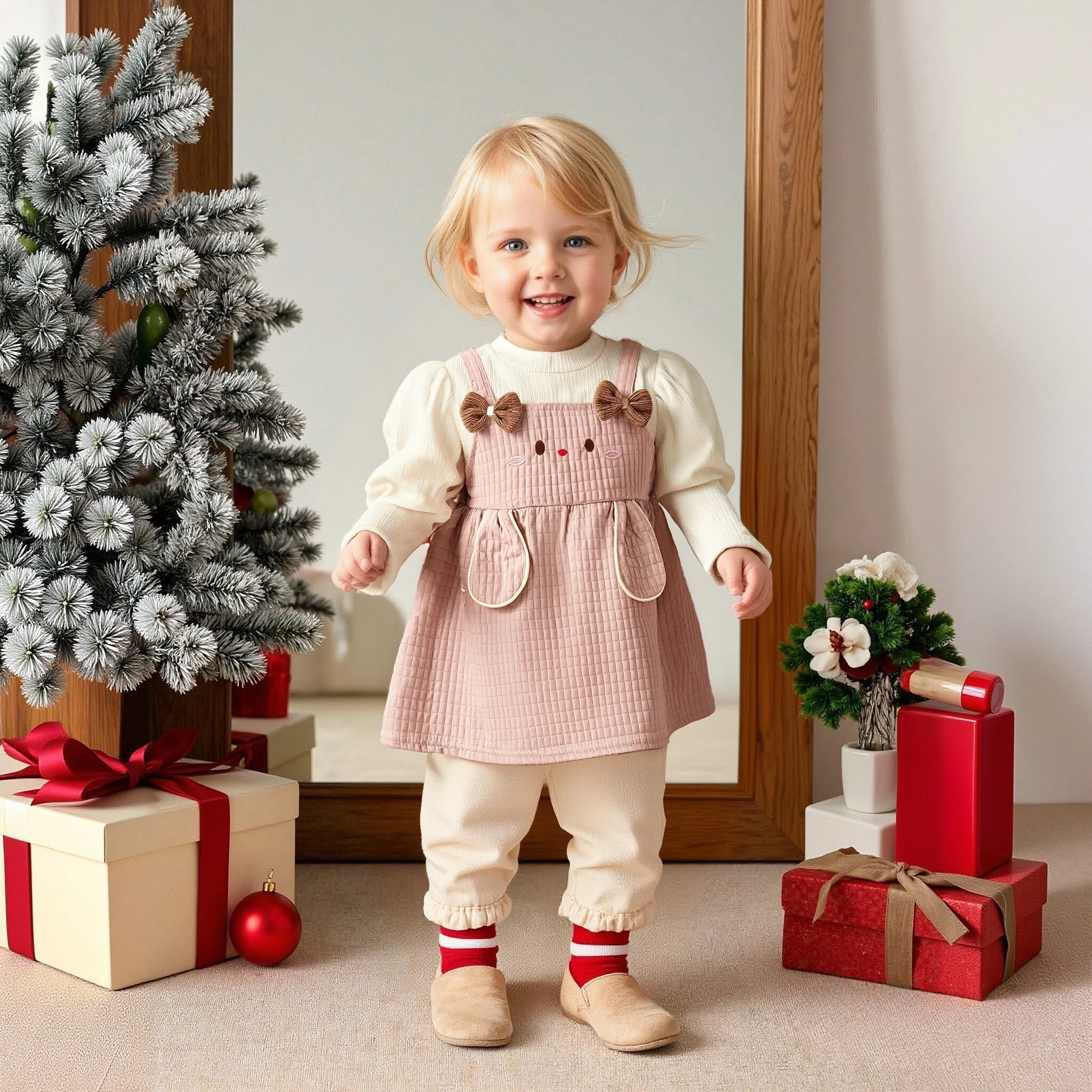 

Baby Girl's Christmas Dress Long Sleeve Bow Bear Ears Baby Girl Dress Sweet Fluffy Casual Baby Girl Clothing