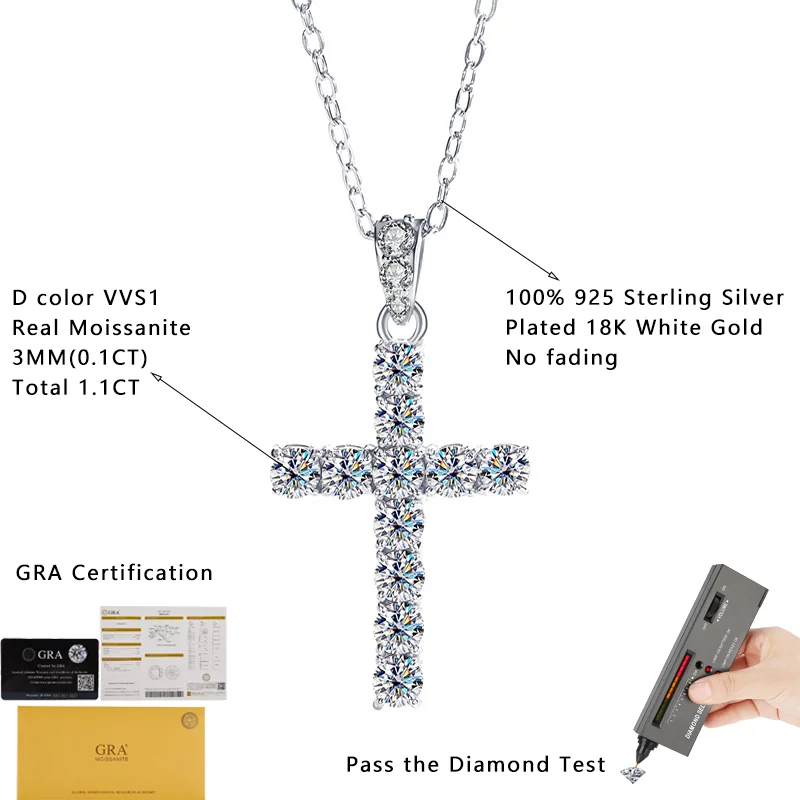 Cross Pendant Necklace for Women D VVS1 Moissanite Pass Diamond Test 100% Sterling Silver Plated 18K White Gold Classic Jewelry