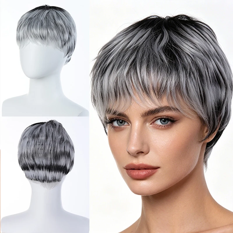 Wig headgear, short synthetic synthetic hair, short diagonal bangs, daily wear, women's full headgear