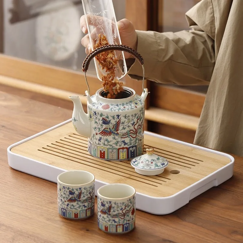 Large Capacity Ceramic Retro Lifting Beam Pot 660ml Chinese Teapot Puer Tea Kettle Kitchen Waterware and Coffee Teaware Teapot
