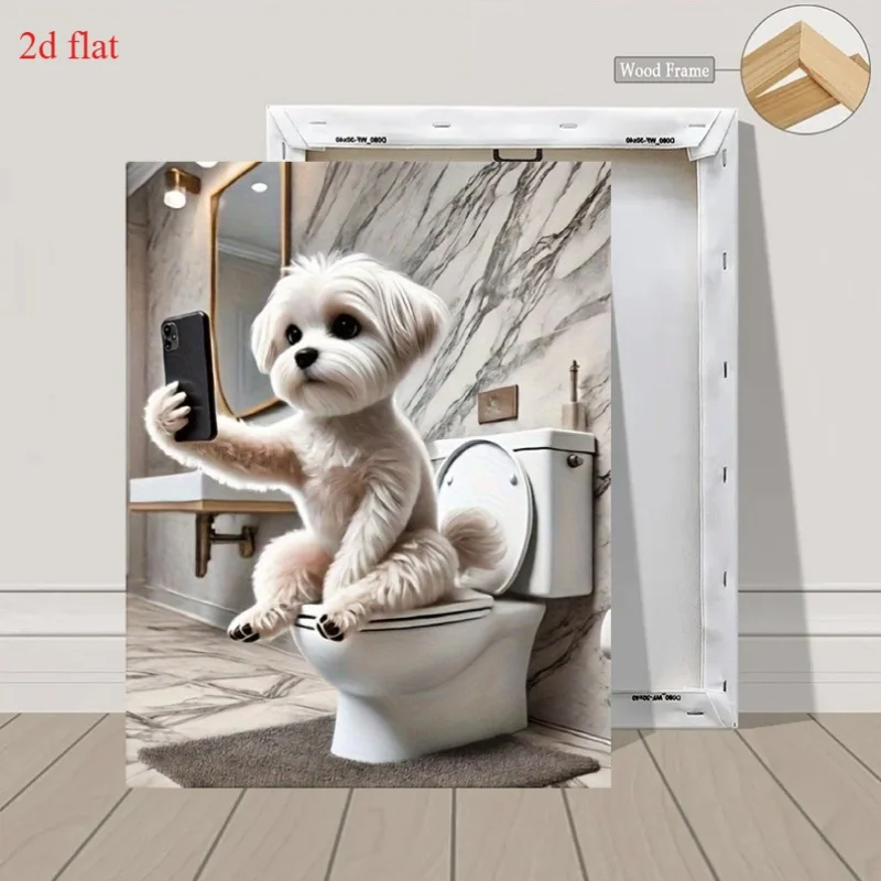 (No frame)2D Flat, 2D Flat, A 2D Artwork Featuring a Wooden Frame Encasing a Canvas Print Poster of a Humorous Maltese Puppy,
