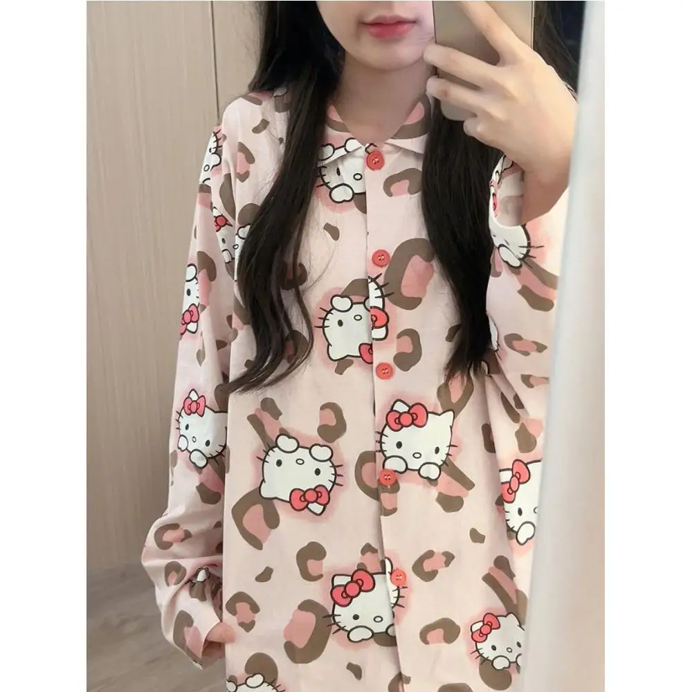 Japanese Cartoon Kt Cat Pajamas Home Clothes Women Spring and Autumn Sweet Cute Girly Wear Outside Long Sleeves Loungewear Set