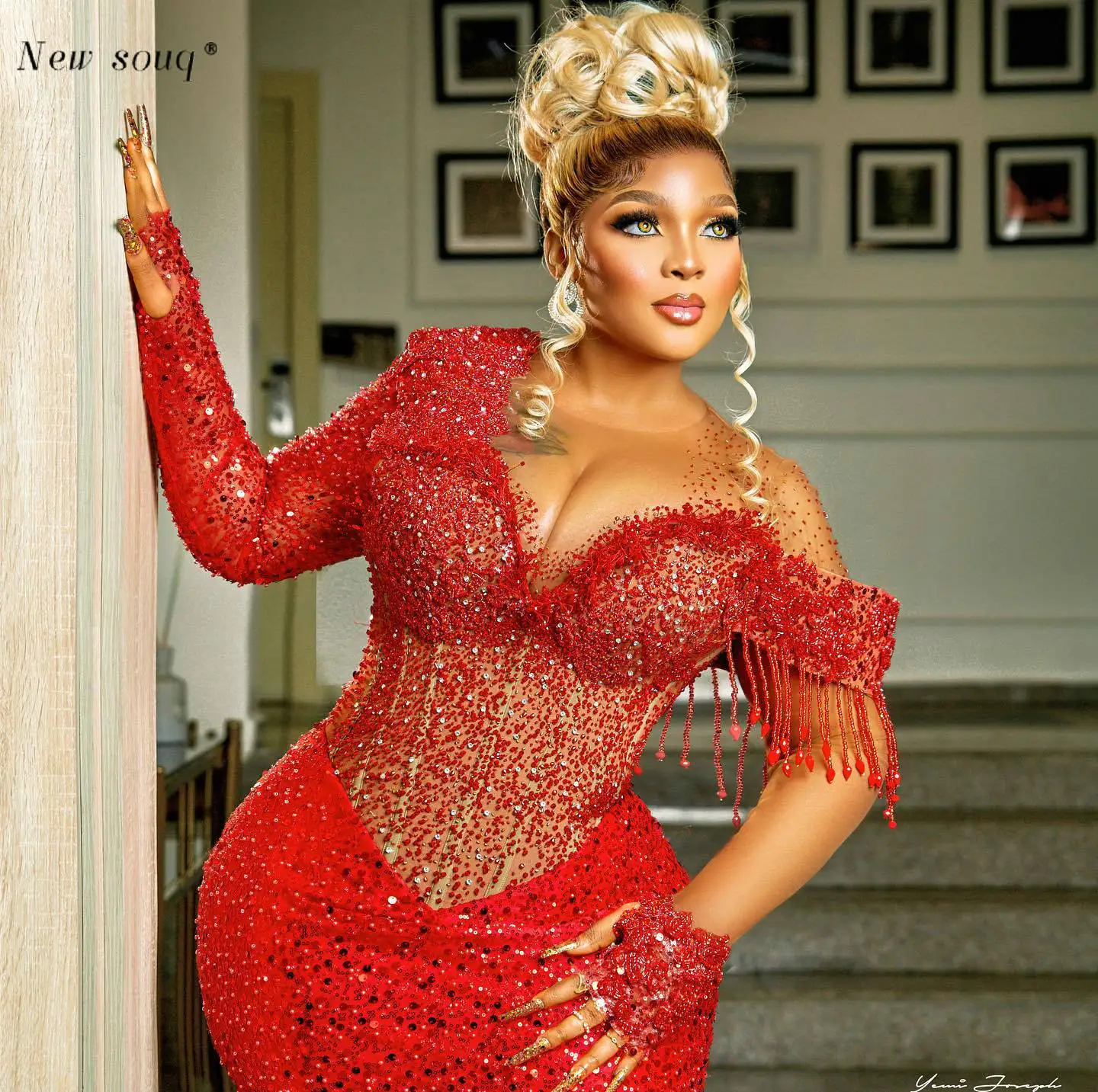 Red African Aso Ebi Long Sleeves Evening Dresses Mermaid Sequined Beaded Formal Wedding Party Gowns For Black Girls Plus Size