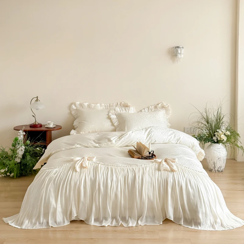 Vintage Jacquard Lace Ruffles Bow Princess Bedding Set 100S Cotton Duvet Cover Bed Sheet/Bed Skirt/Fitted Sheet Pillowcases 4Pcs