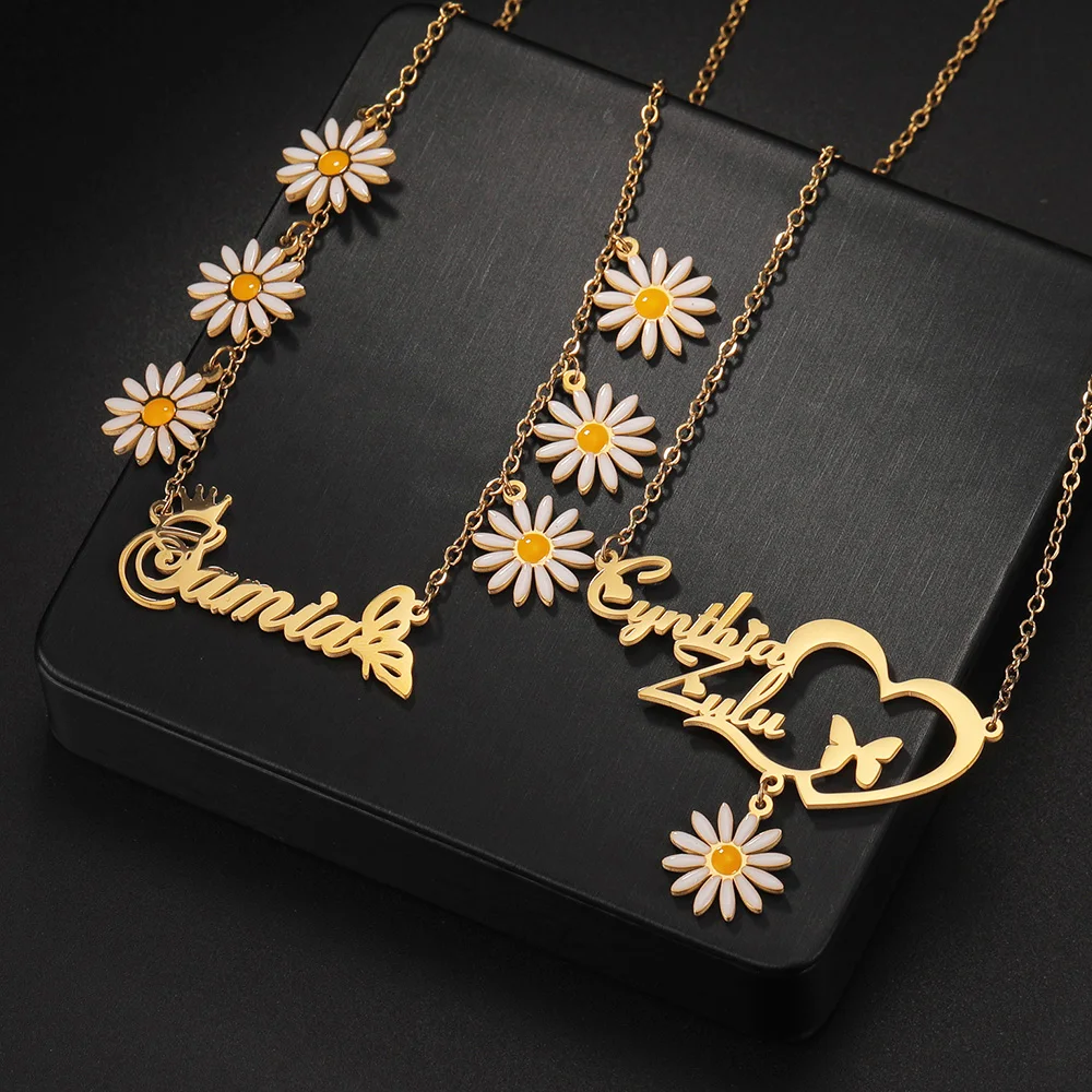 Akizoom Custom Name Daisy Necklaces Gold Color Stainless Steel Jewelry For Woman Engrave Name Oil Flower Pendant Birthday Gift