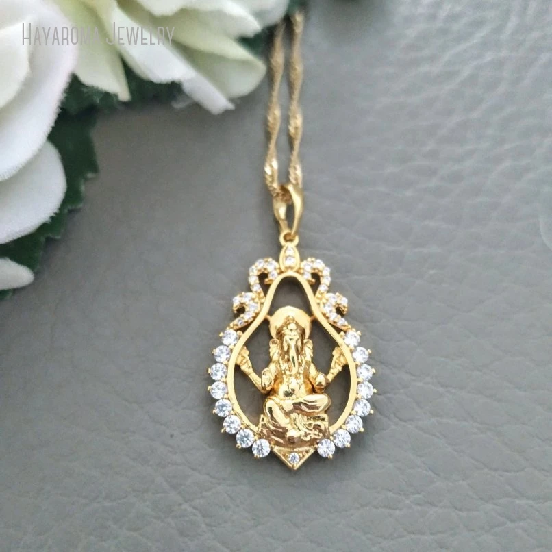 10Pcs Gold Color Zircon Ganesha Pendant Necklace Fine Hindu Jewelry