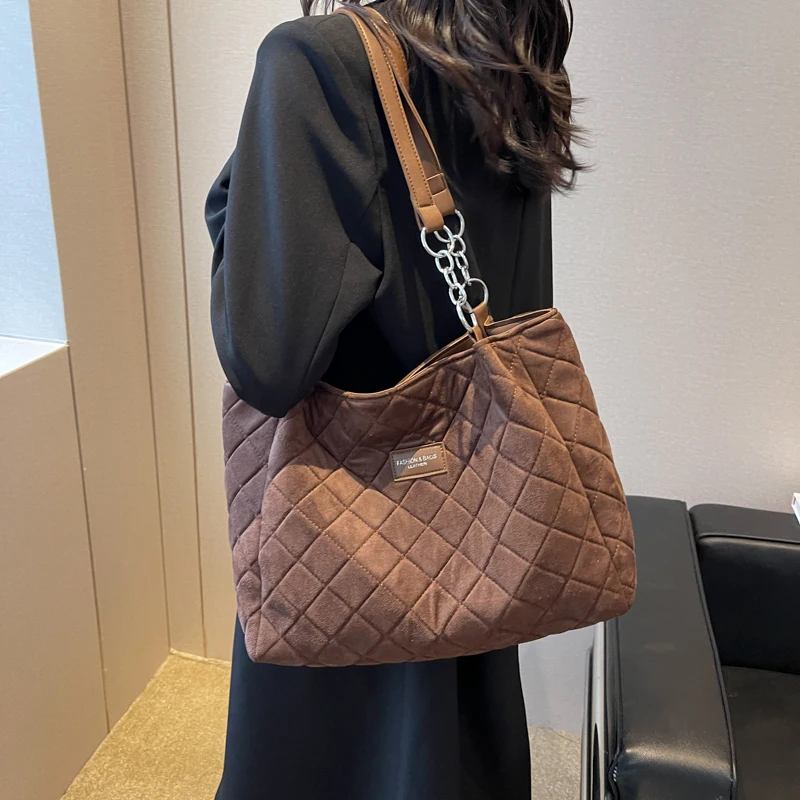 Bolsa feminina de grande capacidade com linha de losango, bolsa de ombro com corrente de cor sólida, designer de bolsas e bolsas de luxo, pele giratória