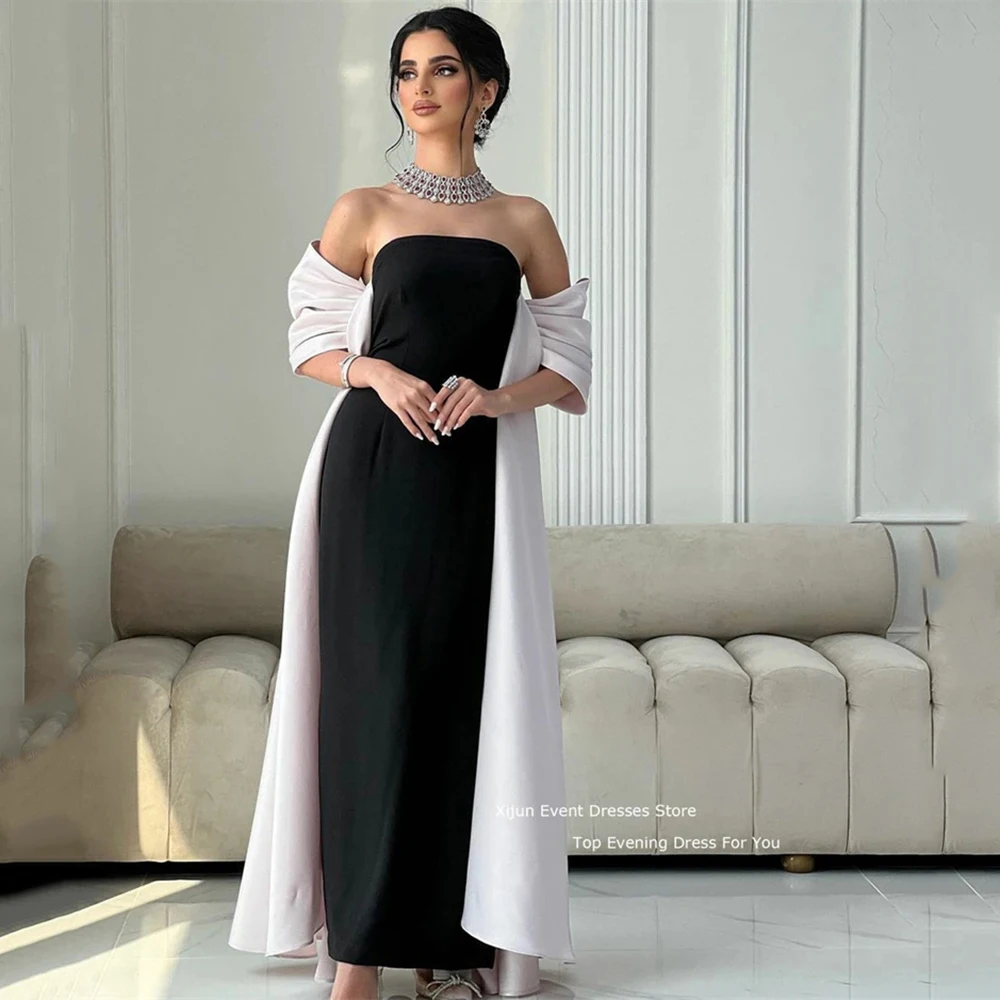 Customized Yipeisha Fashion Strapless Black Satin Evening Dresses Ankle Length With Streamer Off the Shoulder A-line Formal Part image 4
