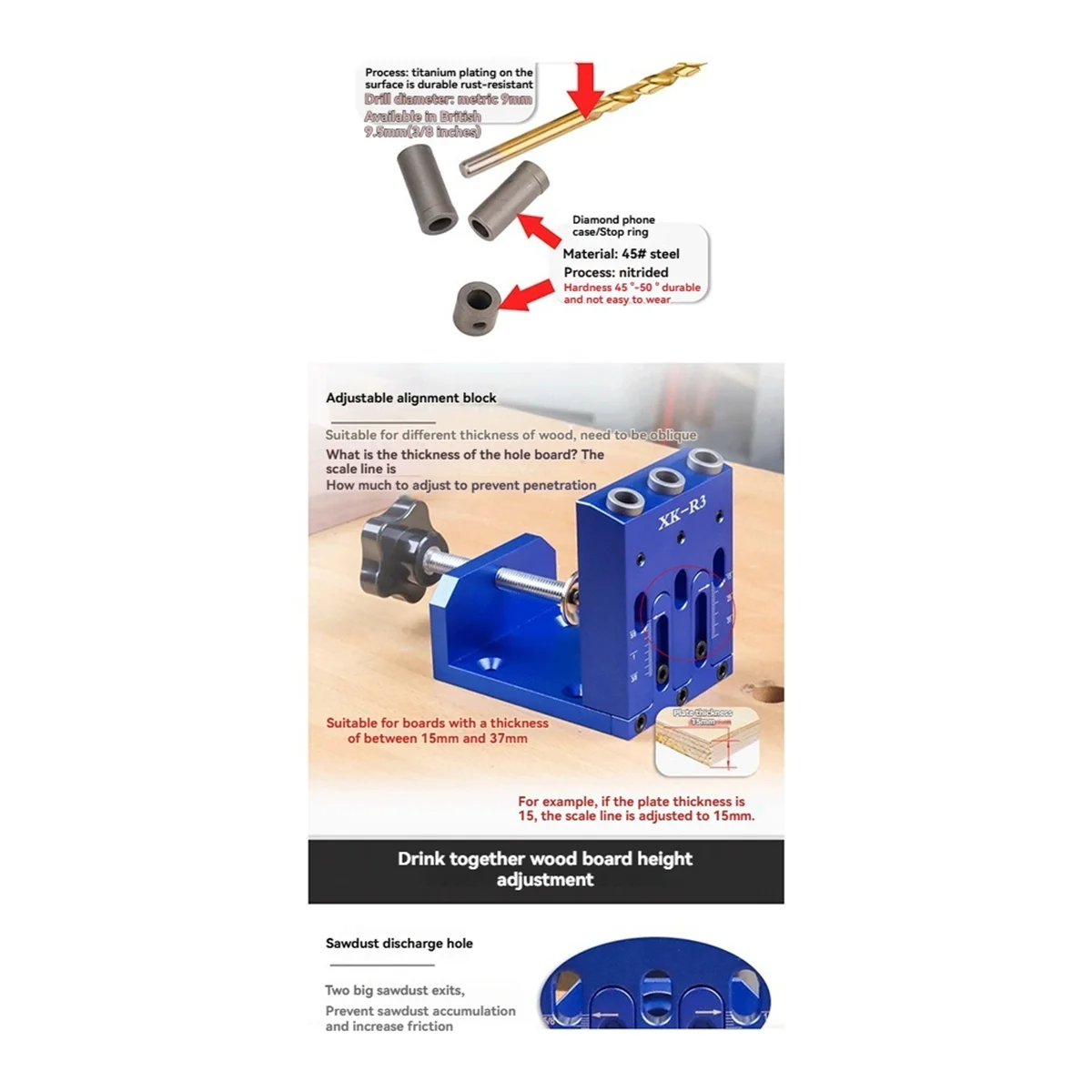 แม่พิมพ์เจาะรูแบบปรับได้ AT16 สำหรับเจาะรูร่องเฉียงในงานไม้ เฟอร์นิเจอร์ เครื่องมือเชื่อมต่องานไม้ เครื่องมือหาตำแหน่งเจาะรูร่องเฉียง