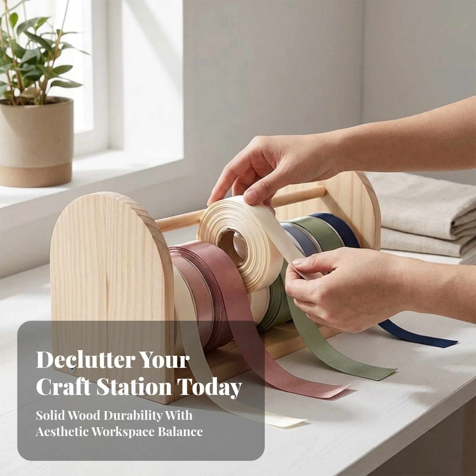 Ribbon Rack with Dowel Easy to Assemble Ribbon Organizer Rack Wooden Spool Holder Space-Saving Compact for Crafters, Craft Room