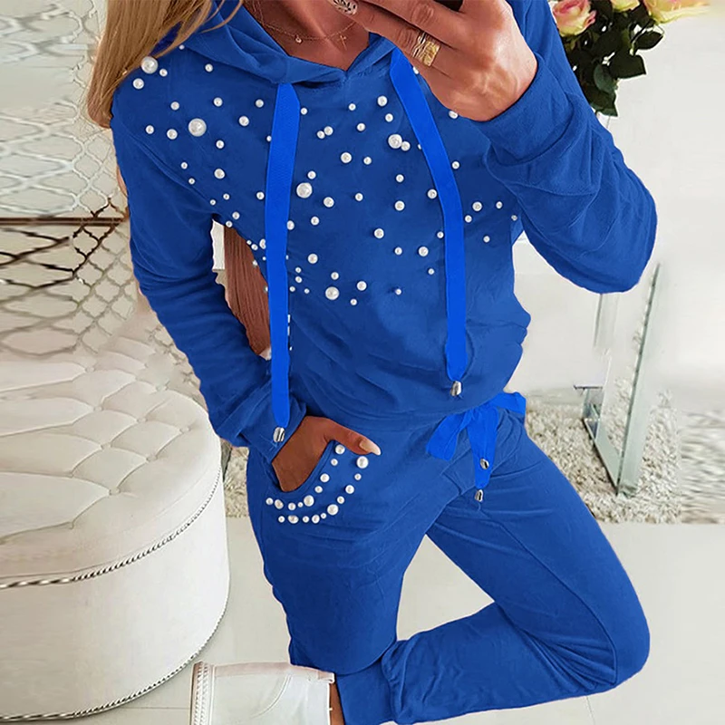 Autumn Winter Women\'s Hooded Top and Pencil Pants Suit Casual Long Sleeved Slim Outfits Fashion Pearl Patchwork Two Piece Sets