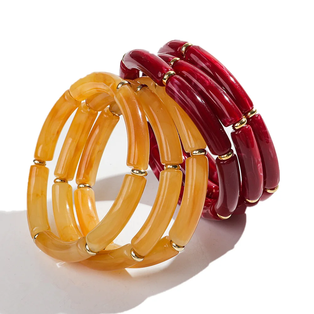 3pcs Marble Color Thin Bamboo Tube Stackable Bracelets for Women Men Boho Resin Curved Beads Hand Bangle Stretch Jewelry Gifts