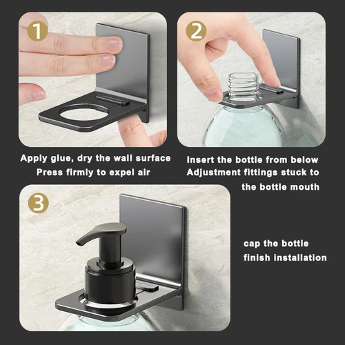 Imagen 2 del producto Estante para botellas de Gel de ducha de aluminio espacial, ganchos ajustables para colgar champú, sin taladro, soportes universales para dispensador de jabón montados en la pared