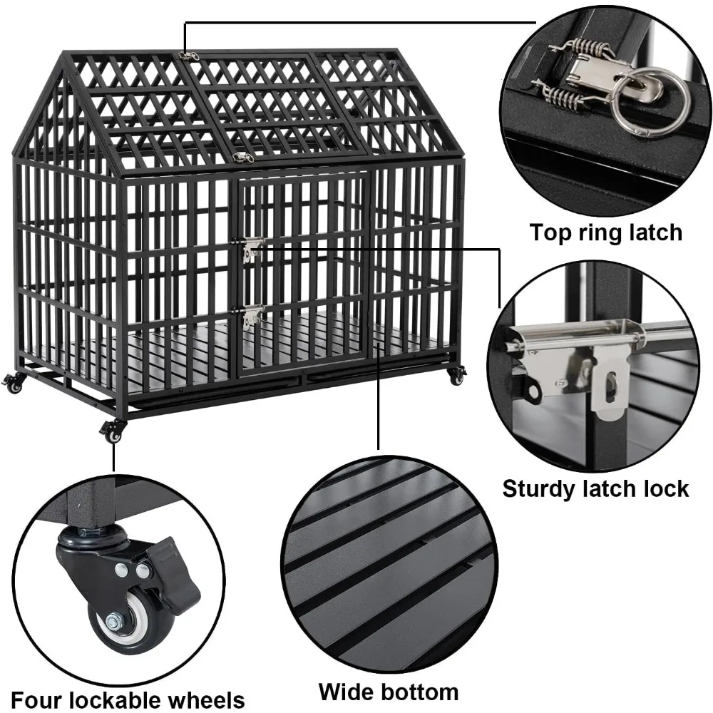 Heavy Duty Indestructible XL Dog Crate Steel Escape Proof, Indoor Double Door High Anxiety Cage, Kennel with Wheels