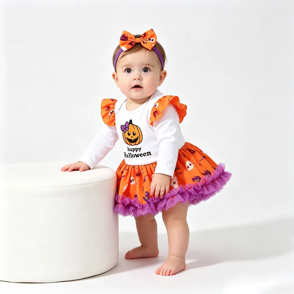 Infant Baby Girl Halloween Outfit Pumpkin Pattern Romper Tutu Dress Long Sleeve Bodysuit with Bow Headband Holiday Party Costume