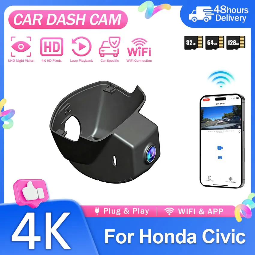 For Honda Civic 11th Gen 2022-2026 4K Dash Cam Front and Rear Car DVR Camera Plug and Play Wifi Video Recorder