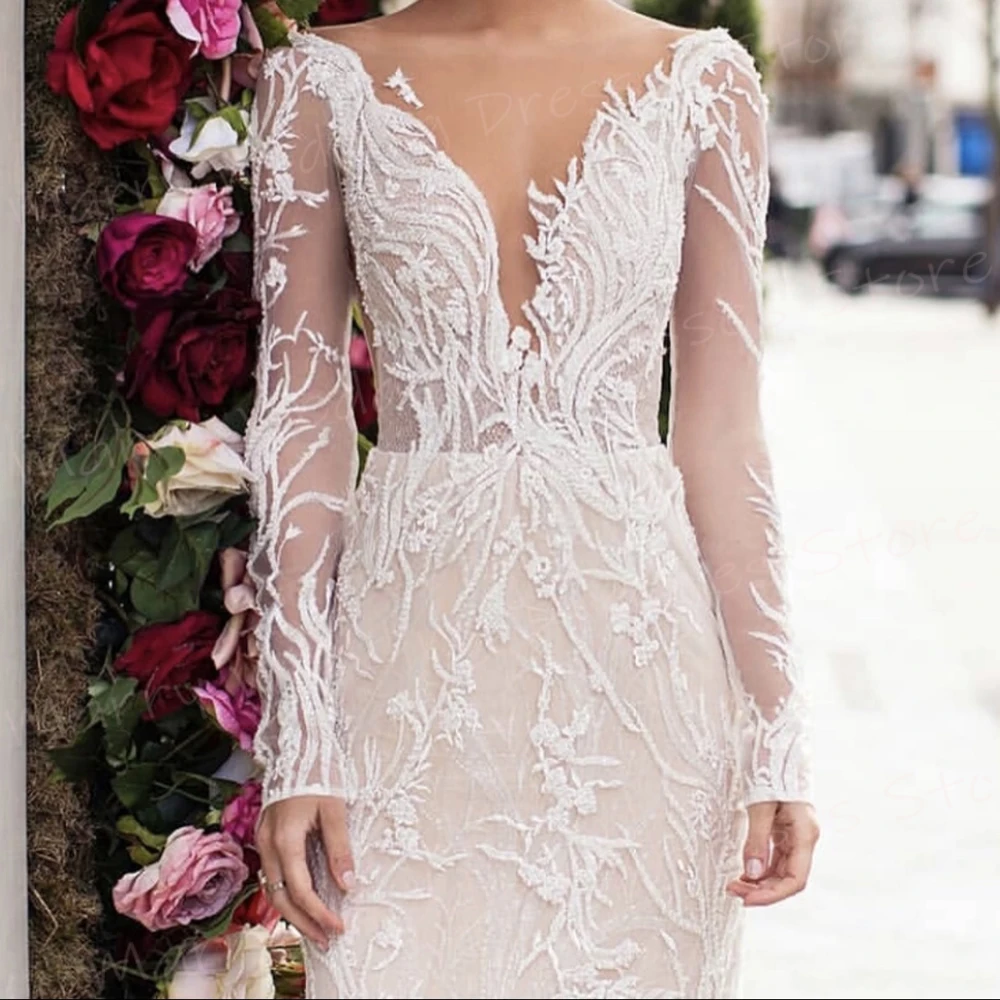 Popular Exquisite A Line Women's Wedding Dresses Graceful Appliques Lace Bride Gowns Sexy Long Sleeve V-Neck Robe Mariage Femme