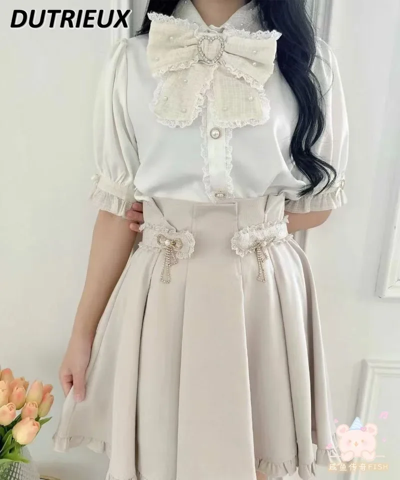 Japanese Rojita New Rhinestone Love Big Bow Shirt Mine Mass-Produced Pearl Blouse Summer Solid Color Short Sleeve Tops