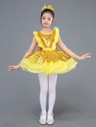 Gold Kids Ballroom Clothing Sequined Jazz Dance Modern Dance Dress Ballet Princess Skirt Girls Performance Clothes Stage Dress