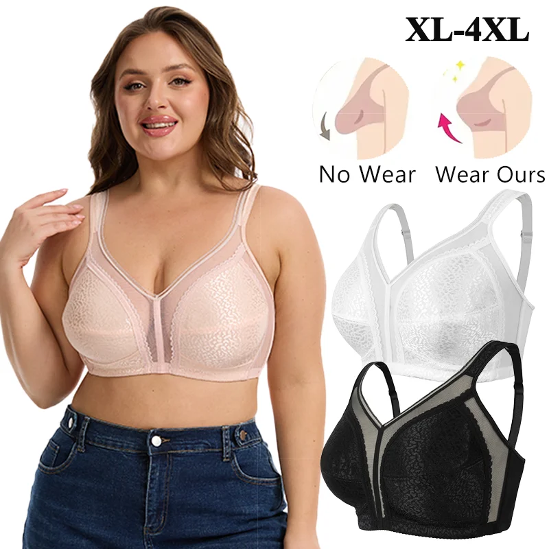 Plus Size Womens Lace Bra Sexy Tulle Underwear Wide Strap Shapewear Push Up Lingerie Breathable Wireless Bralette Ultra Thin Cup