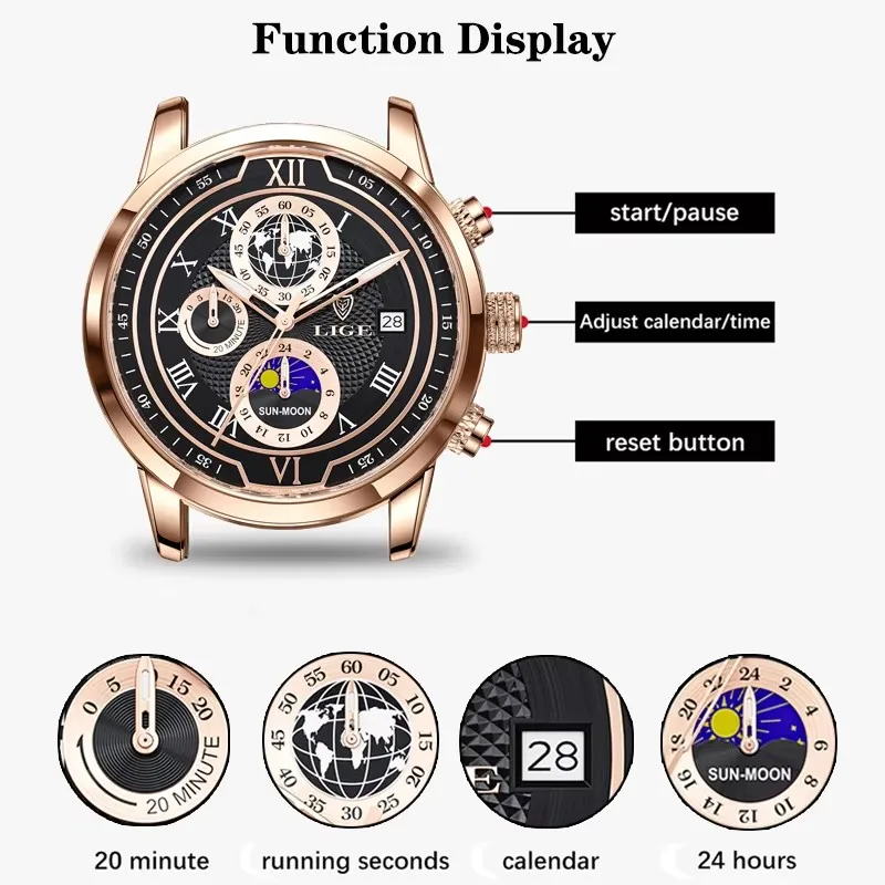 LIGE Jam Tangan Pria Jam Tangan Bisnis Modis Jam Tangan Kuarsa Chronograph Tahan Air Kulit Olahraga Kasual Pria untuk Pria Jam Tanggal Bulan