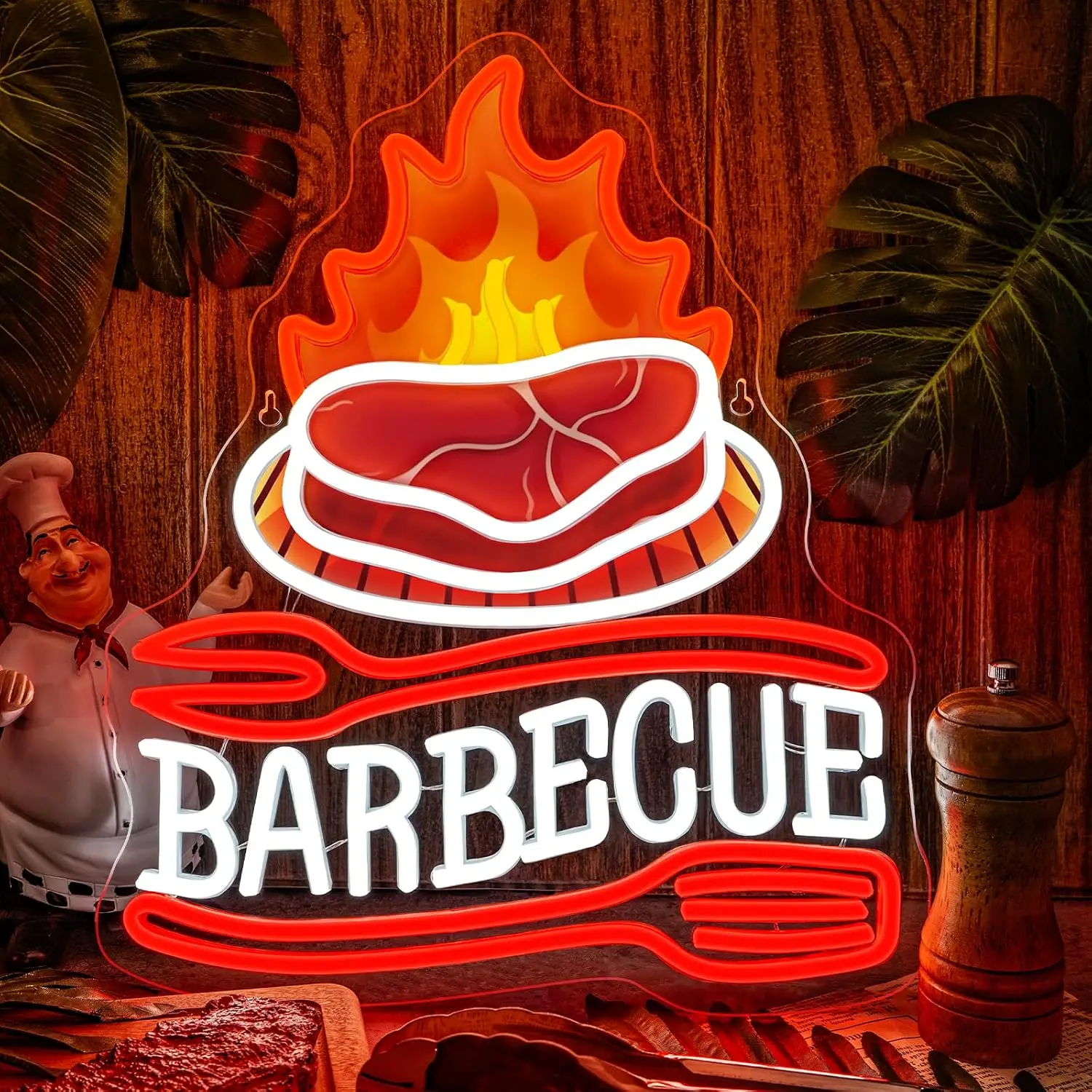 Barbecue Steak Flame LED Neon Sign USB Neon Light Wall Hanging Lamp for BBQ Restaurant Bar Business Decor Christmas Gift