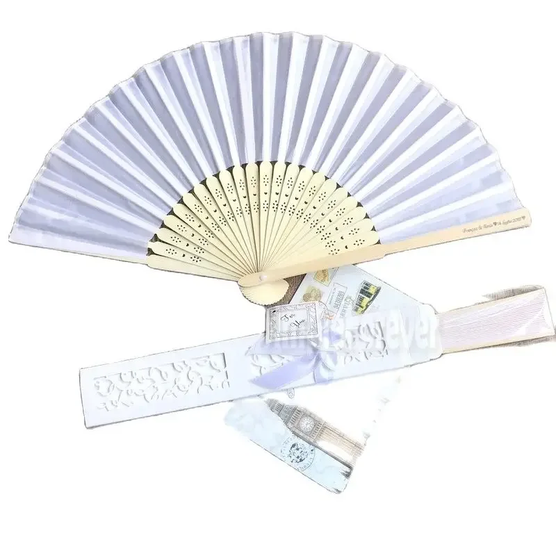 Customized Bride & Groom's Name and Date White Color Wedding Hand Fan In Organza Bags/Gift Box 100pcs