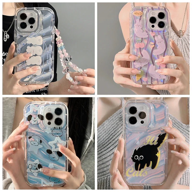 Phantom Cartoon Pattern Case For iPhone 15 14 Plus 13 12 Pro XS Max 11 XR 7 8 Plus Fashion Laser Film Soft Cover with Lanyard