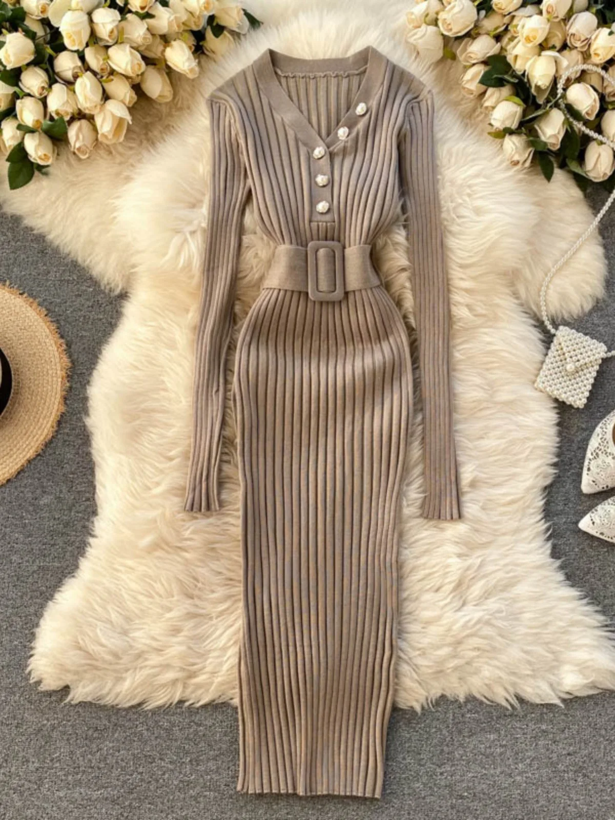 YuooMuoo 2024 Autumn Winter V-neck Knitted Sweater Dress with Belt Chic Fashion Slim Elastic Ribbed Bodycon Dress Lady Vestidos