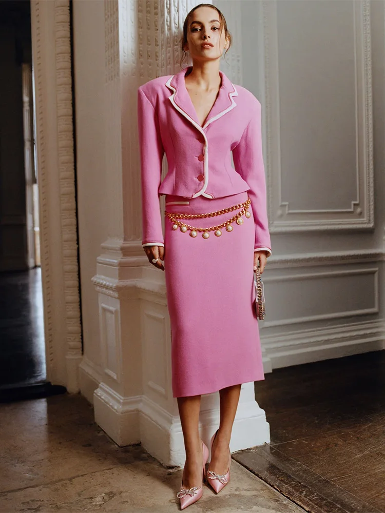 2024 New retro vintage Celebrity rhinestone belt Fashion Contrast Trim pink Blazer outfit and Mid-Length Skirt Two-Piece Set