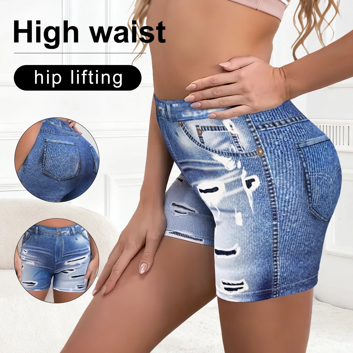 Shorts Legging Feminino Elástico com Estampa Falsa Jeans, Moderno, Respirável, Cintura Alta, para Esportes e Uso Casual de Verão