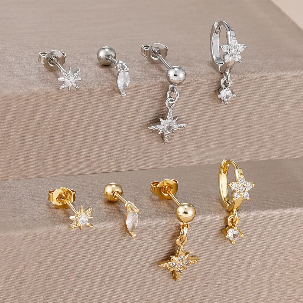 4PCS 14K Gold Plated Little Crystal Star Stud Earrings Set for Women Stainless Steel Piercing Earring Aesthetic Jewelry aretes