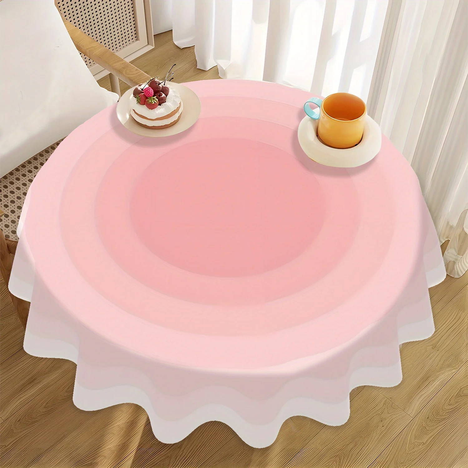 One pink gradient tablecloth, measuring 61 inches in size, made of 100% polyester, and machine washable.