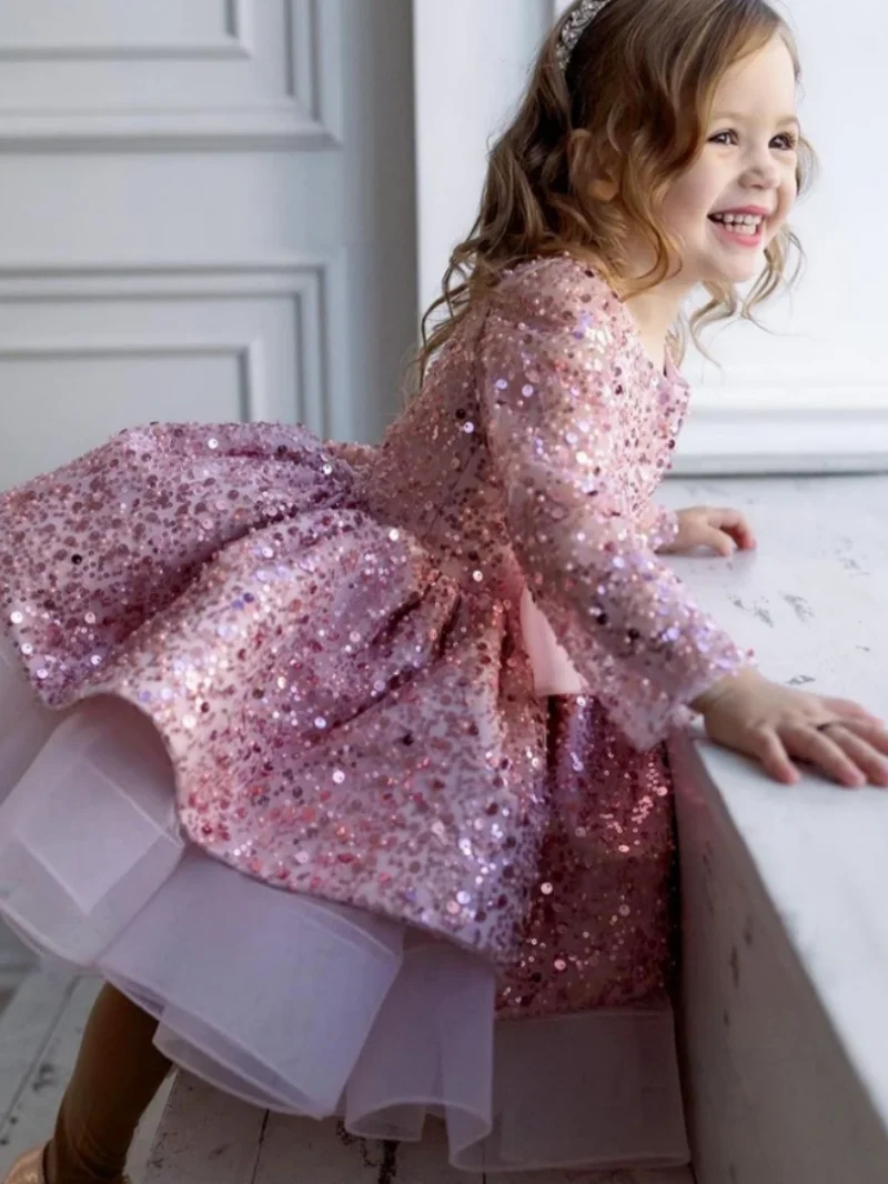 

Cute Flower Girl Dress Puffy Tulle Sequined With Bow Long Sleeve Girls Birthday Dress Kid Banquet First Communion Gowns