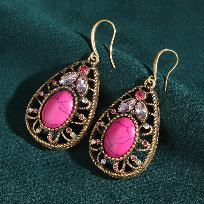 

Vintage Rose Natural Stone Water Drop Earrings Hook Woman Gold Color Leaf Rhinestone Luxury Quality Jewelry Retro Antique 2026