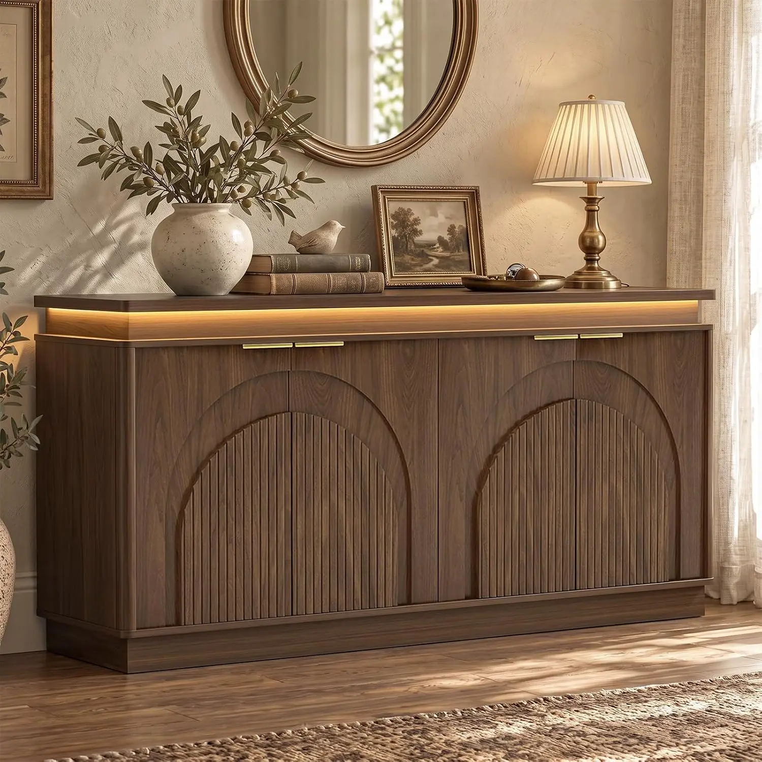 Arched Fluted Door Media Console with Integrated RGB LED Lighting