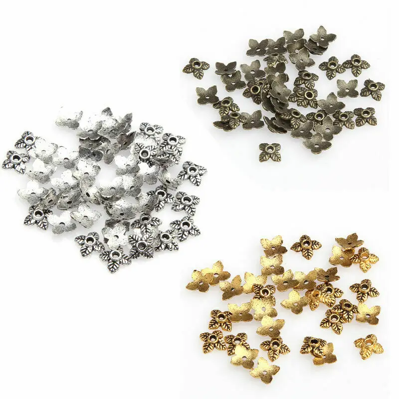 100pcs/Lot Vintage Flower Metal Bead End Caps for Jewelry Making Gold Silver Tone Beads Caps Jewelry DIY Craft Accessories