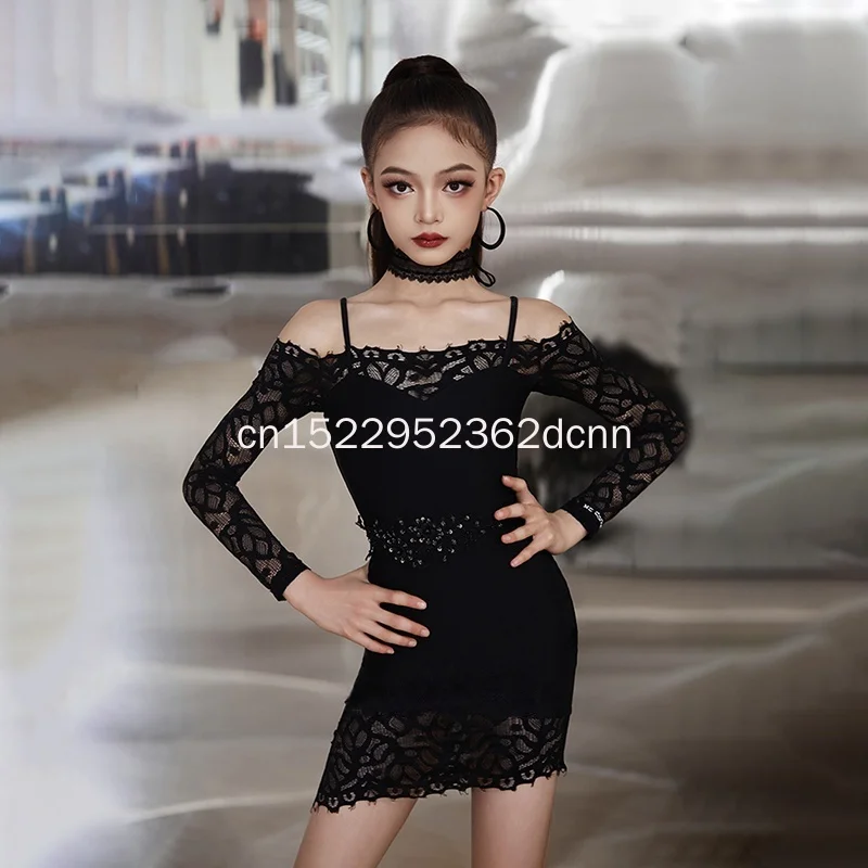 

Latin Dance Two Colors Can Be Selected Training Clothing Teenager Chacha Samba Dew Shoulder Wrapped Hips Dress Black and White