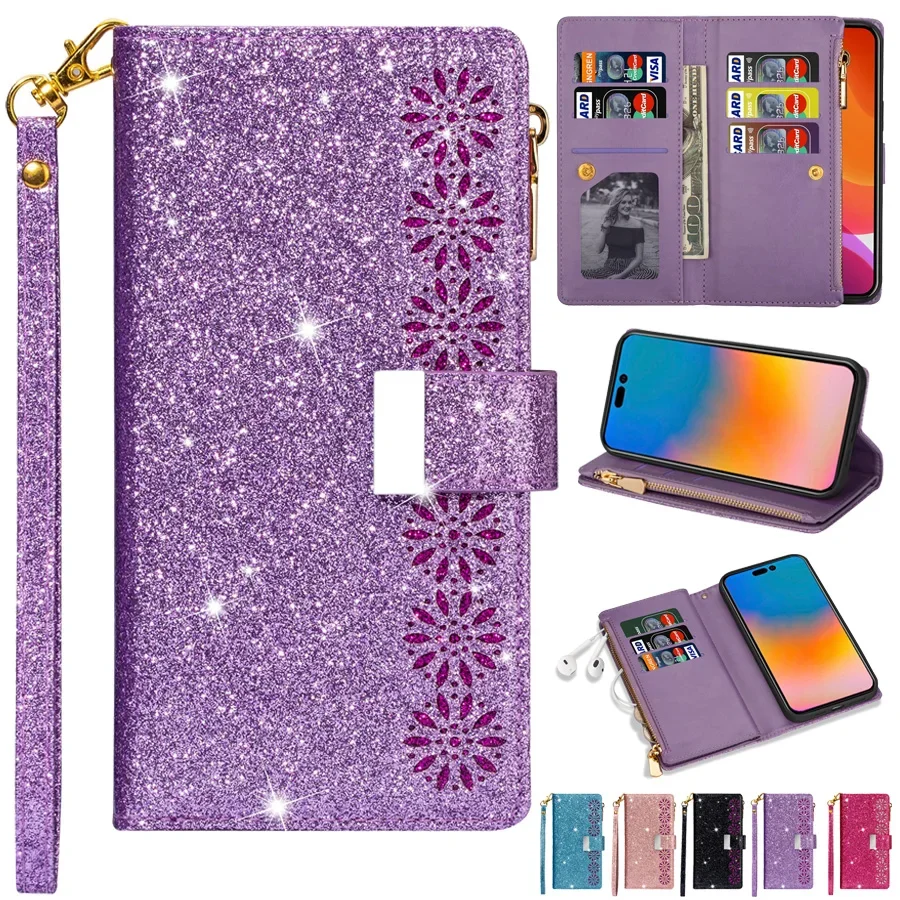 

Wallte Laser Glitter Leather Case for IPhone 16 15 14 13 12 Pro Max 11 Pro Max SE 2022 2020 X XR XS Max 8 7 6S Plus Phone Case