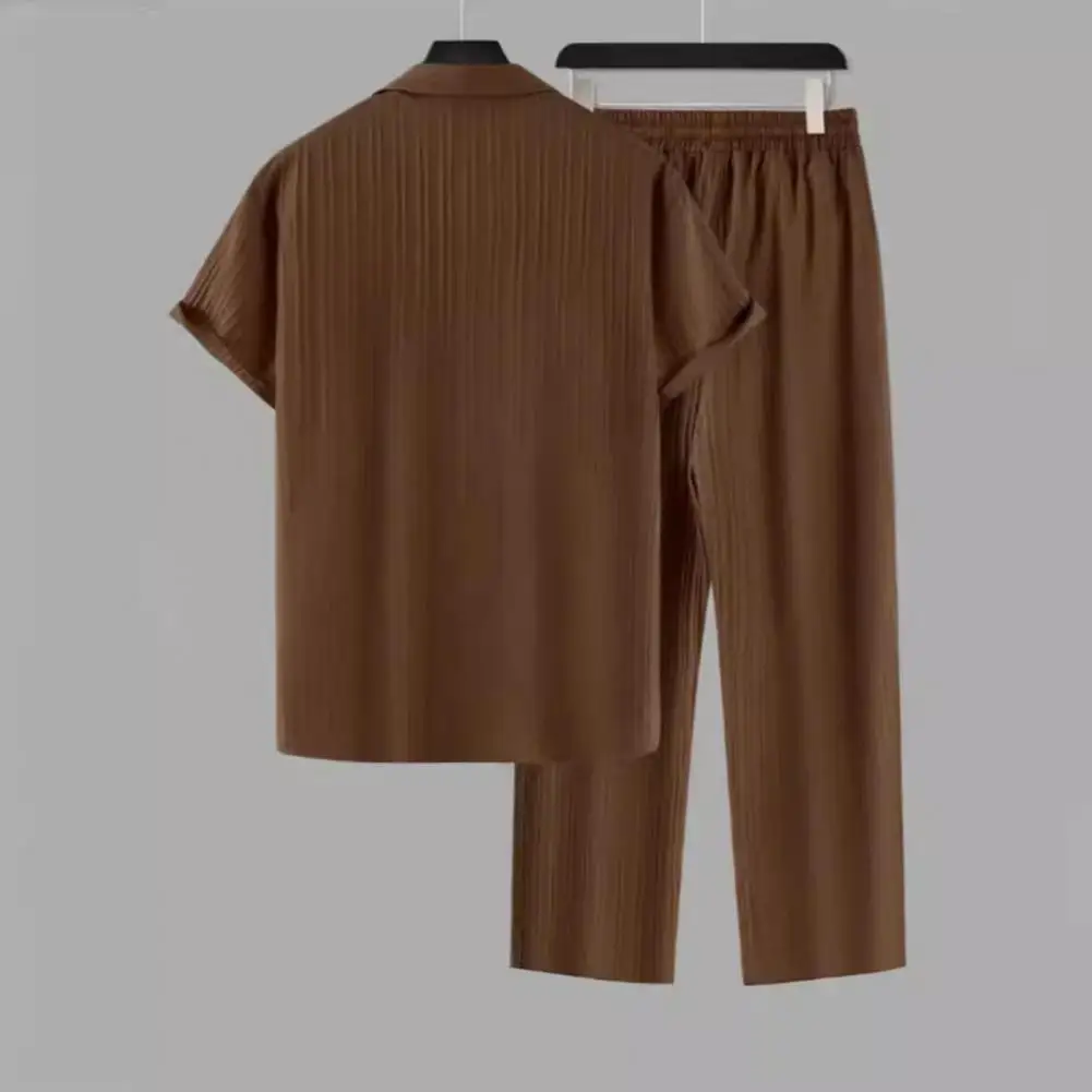 2Pcs/Set Men Outfit Spring/Summer Suit Solid Color Lapel Shorts Sleeve Shirt And Long Pants Set Loose Fit Casual Men Suit Set - Image 4