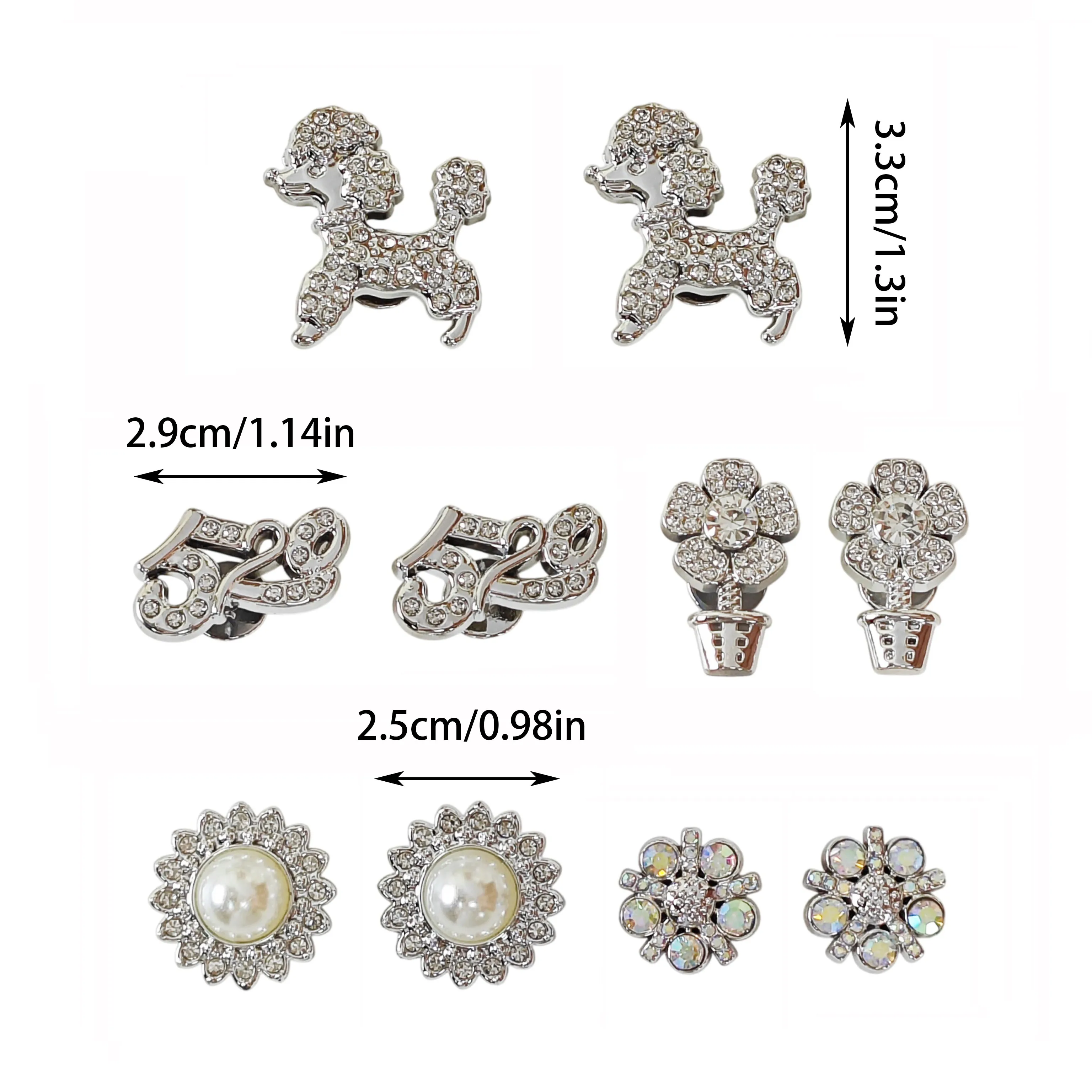 10Pcs DIY Shoe Decoration Charms with Sparkling Rhinestones, Silver-Colored Puppy, Small Flower, Letter Decoration Clips, Non-Metal Lightweight Material, Y2K Fashion Versatile Cute Personality Accessories for Men and Women, Suitable for Eva Beach Shoes, Sandals, Removable Shoe Decoration, Holiday Gift