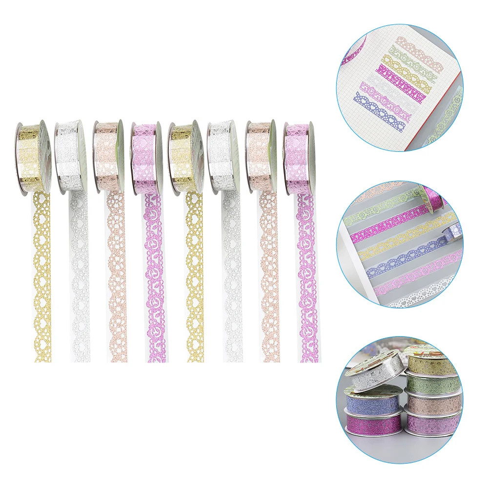

8 Rolls Self-Adhesive Lace Pattern Tape Glitter Bling Sticker Colorful Decorative Tape Scrapbooking Photo Frame Gift Wrapping