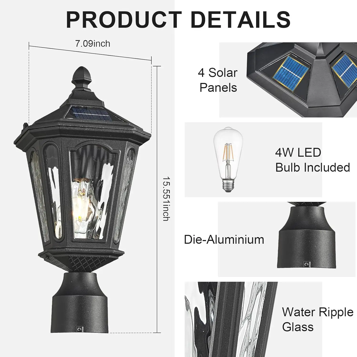LED 태양광 포스트 라이트, 방수, 황혼에서 새벽까지, 3가지 모드, 리모컨, 야외 파티오 정원 통로