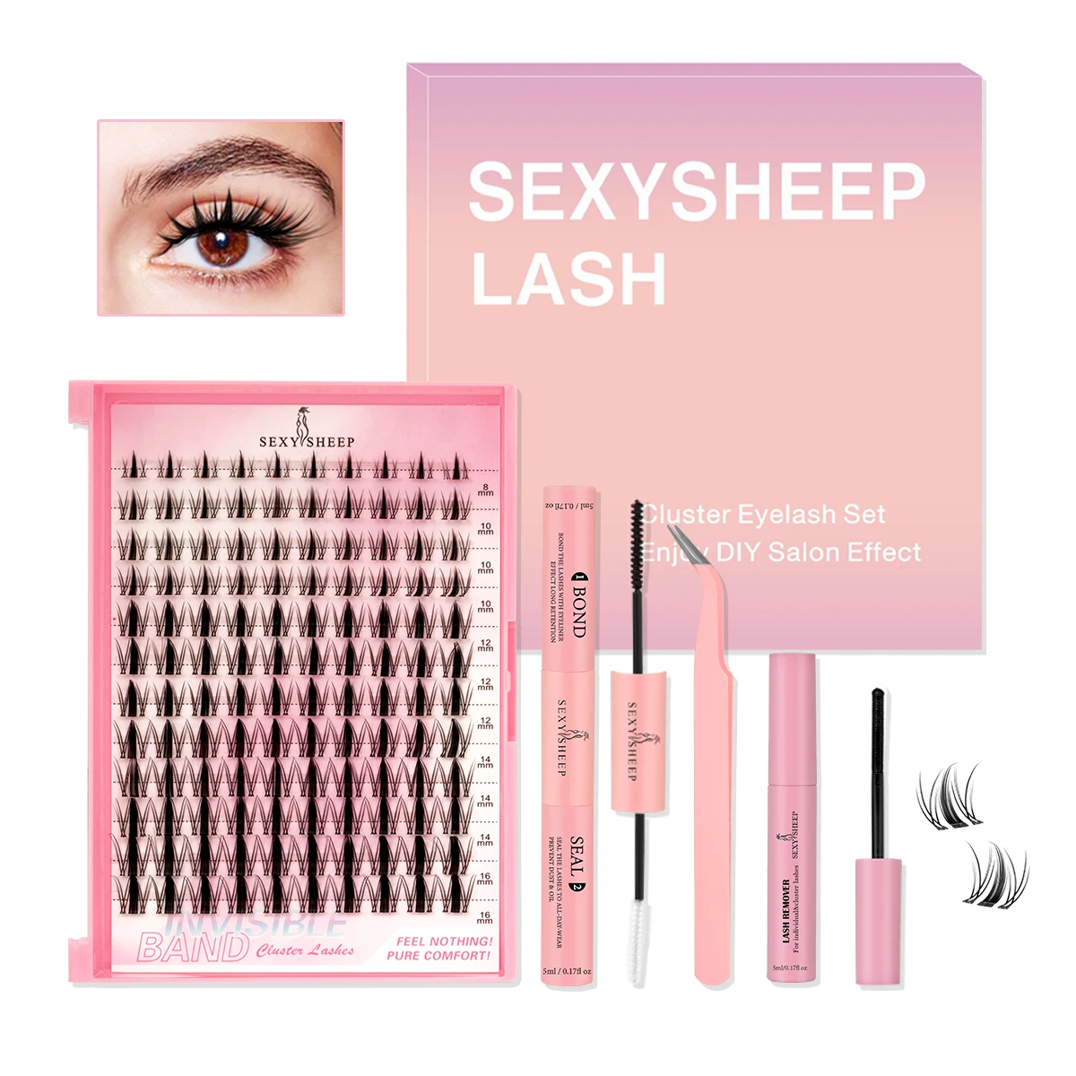 DIY Wimpernverlängerungsset, individuelles Wimpernverlängerungsset, Cluster-Wimpern-Set, Wimpernkleber-Entferner, Wimpernpinzette