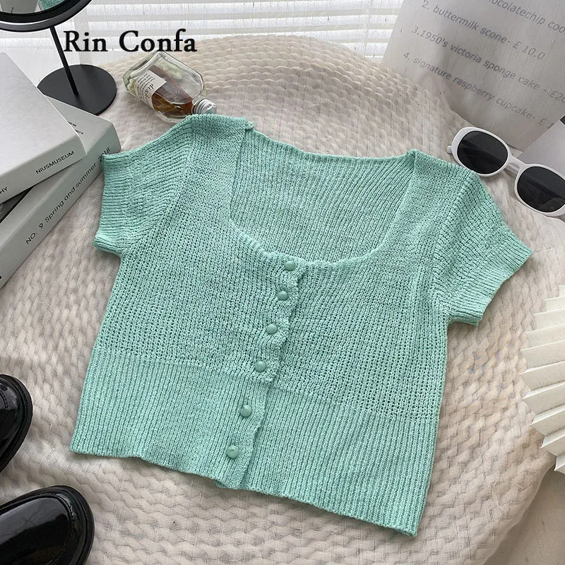 

Rin Confa Summer Fashion Korean Version Thin Short Cardigan Tops Women Multicoloured Single-Breasted Short Sleeves T-Shirt