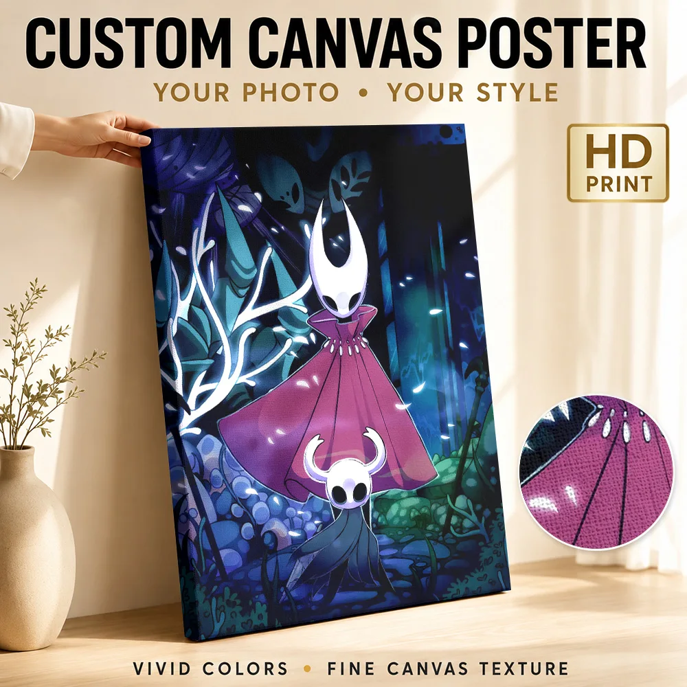 Hollow Knight: The Knight And Hornet Framed Canvas Print Poster Customized Gaming Anime Canvas Wall Art for Teen Bedroom Decor