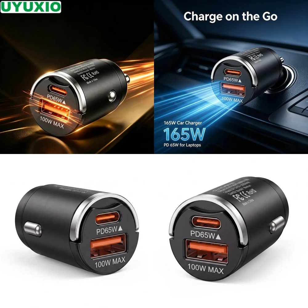 165W Flush Fit Car Charger 65W USB C Power Delivery and 100W USB A Low Profile Zinc Alloy Design for Multiple Mobile Devices