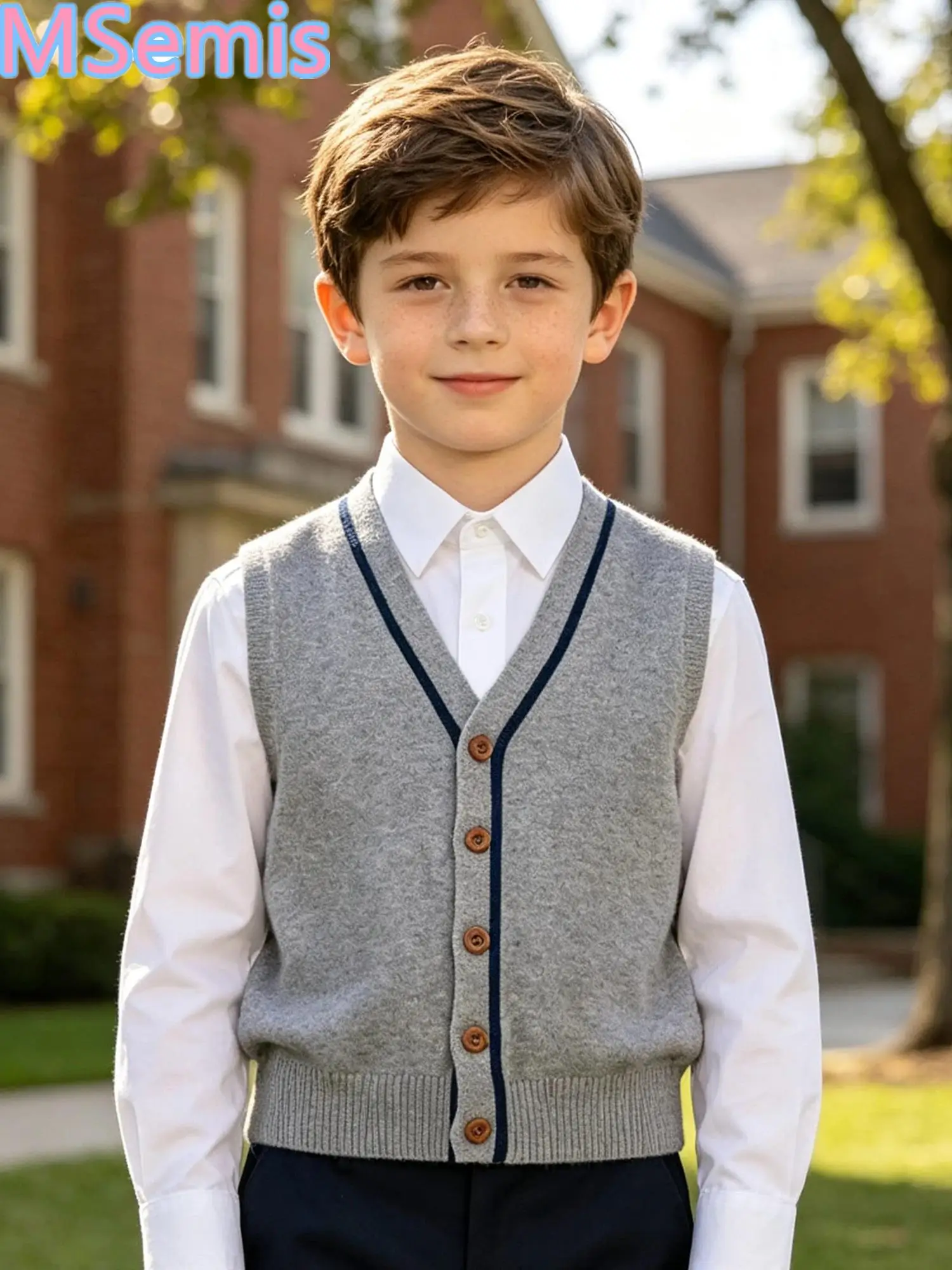 Kid Boys Girls Sweater Waistcoat School Uniform Vest V Neck Sleeveless Ribbed Trim Button-down Tank Top for School Camping Party